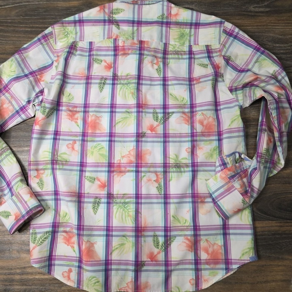Tommy Bahama Mens Medium Plaid Floral Cotton Silk Long Sleeve Button Down Shirt - Picture 4 of 9